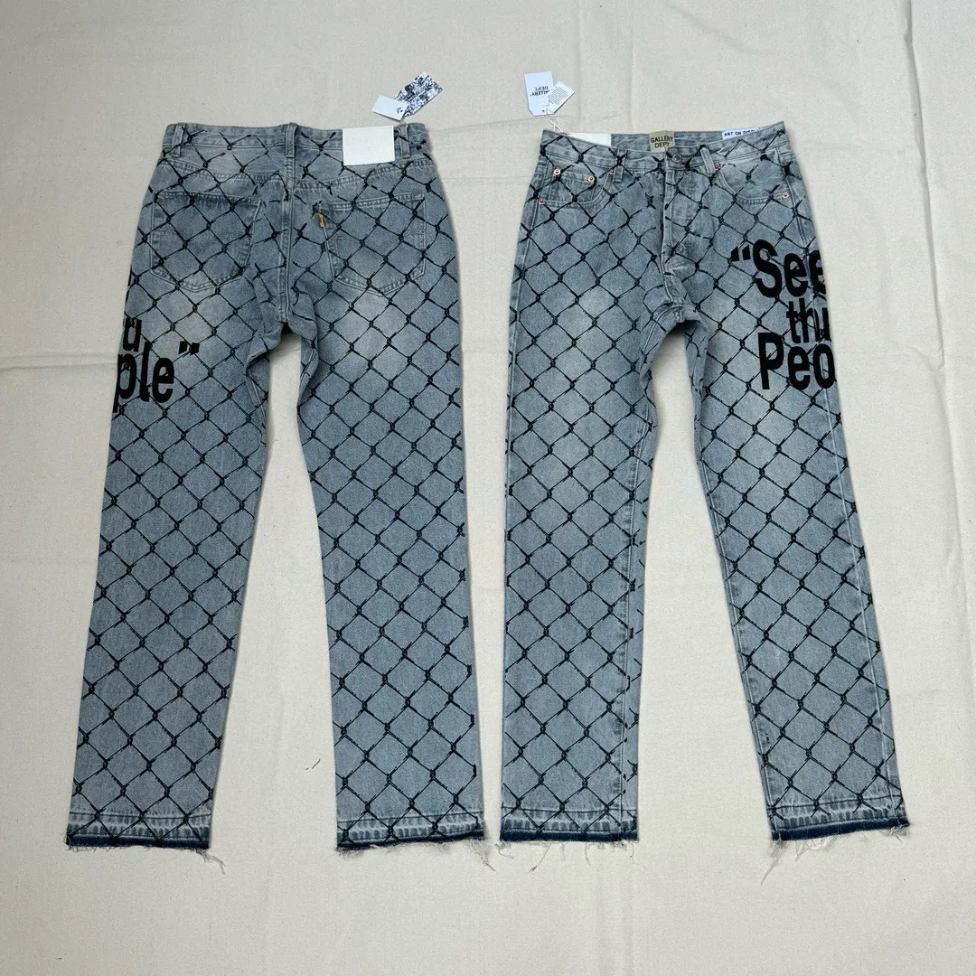 -Size upper body P240#G786 GALLERY DEPT. Steel mesh letter printed slim jeans jeans casual group trendy American slim men's and women's trousers Color: blue Size: S-XXL (corresponding to 28-36)